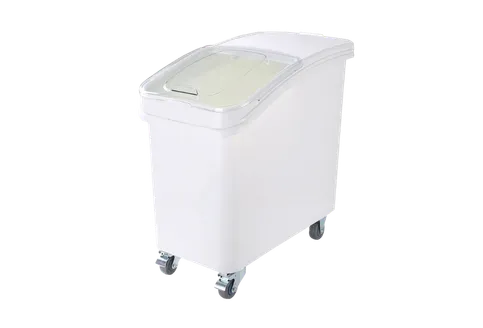 Close-up of Crateco ingredient bin showing lid, capacity, and durable build