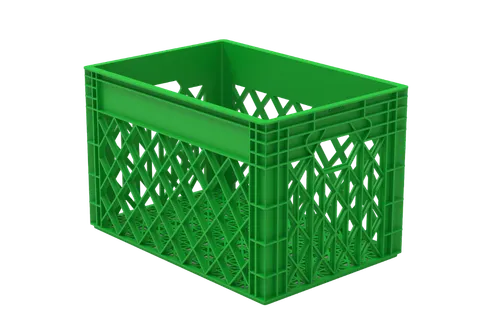 Close-up of durable plastic dairy crate showing ventilation and stacking design