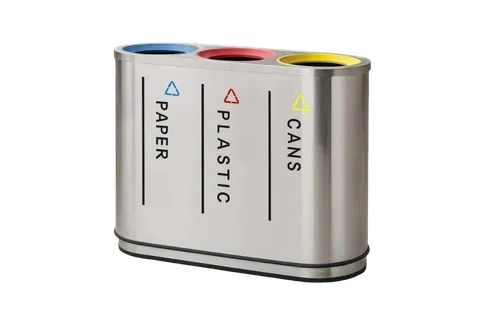 Close-up of Crateco stainless steel trash bin showing finish and lid design