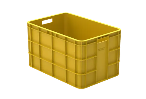 Close-up of durable plastic fish crate showing ventilation and stackable design
