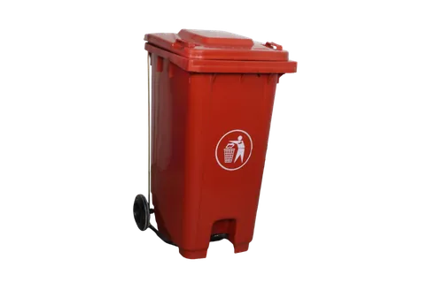 Close-up of commercial waste bin showing lid, design, and material finish