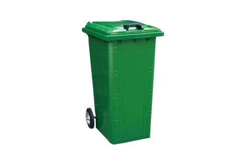 Close-up of metal waste bin showing finish, lid design, and build quality