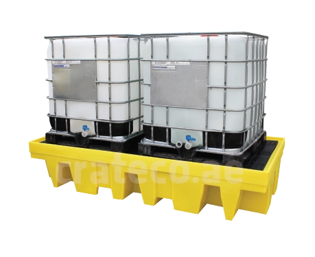 Close-up of IBC chemical storage tank showing valve, frame, and capacity detail