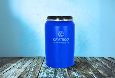 Close-up of Crateco liquid storage containers showing capacity, build, and seal detail