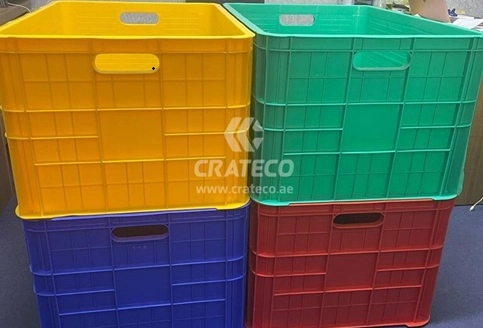 Close-up of plastic crate showing stackable design, ventilation, and build quality