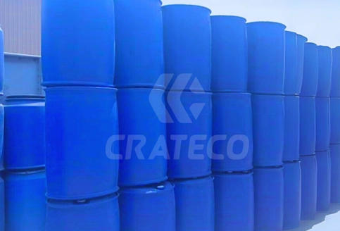 Close-up of HDPE plastic drum showing lid seal, ribbed body, and capacity markings