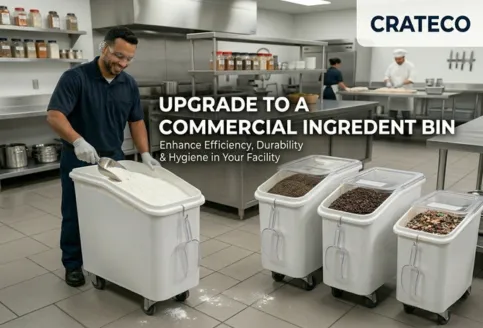 Close-up of Crateco ingredient bin showing lid seal, capacity markings, and food-grade build