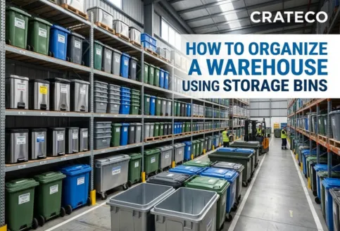 Close-up of Crateco storage bin showing label slot, stackable design, and durable build quality