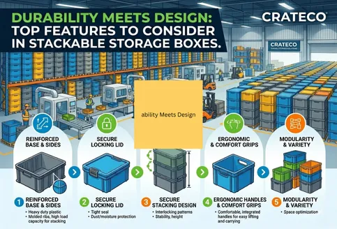 Close-up of stackable storage box showing interlocking lid, clear body, and durable build