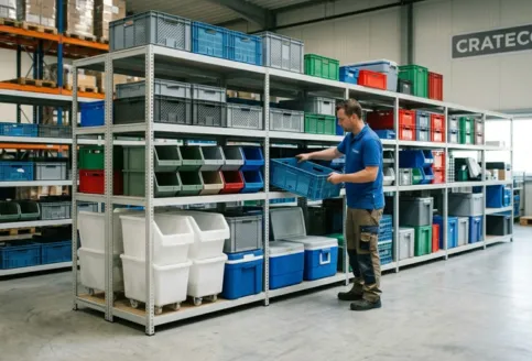 Close-up of slotted angle shelving showing adjustable slots, frame build, and shelf tier design