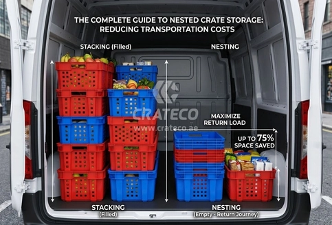 Close-up of nested plastic crates showing compact stacking design and space-saving build quality