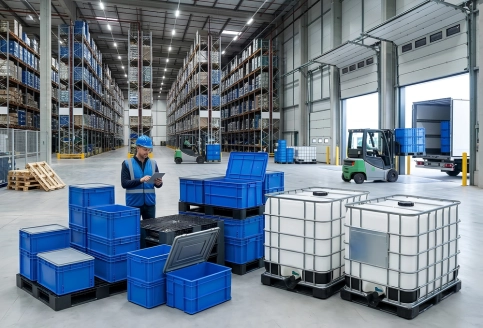 Close-up of durable plastic crate and pallet showing build quality and supply chain readiness