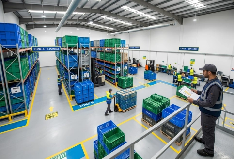 Close-up of warehouse crate arrangement showing layout design, stackable build, and storage organisation