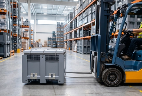 Close-up of crate base showing forklift entry points and reinforced load edges.