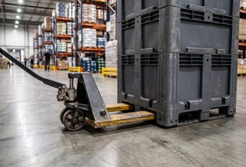 Close-up of container base showing fork entry points and clearance for pallet jacks.