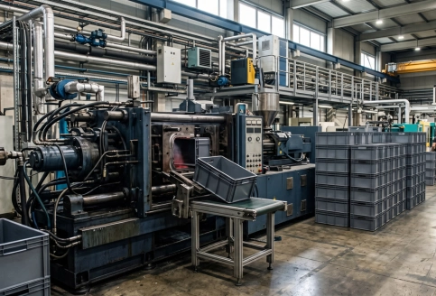 Close-up of closed-loop chiller with insulated coolant lines, pressure gauge, and flow control valve in a UAE plastic plant