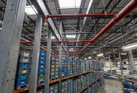 Close-up of pallet rack upright showing load capacity plate, beam safety clip, anchored base plate, and sprinkler head above