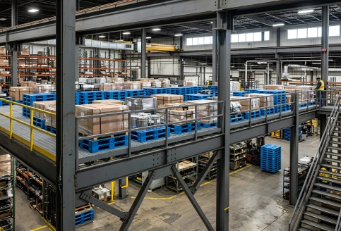 Close-up of mezzanine load rating plate, edge guardrail, toe board and bolted steel deck panel in a UAE warehouse