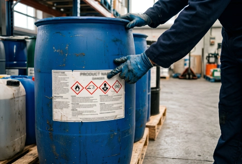 Close-up of GHS label on a chemical container showing hazard pictogram, signal word, screw lid and sealed cap ring