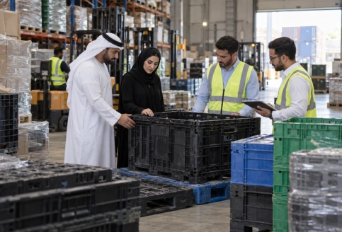 Close-up of stacked returnable crates showing recyclable material marking and reinforced handles