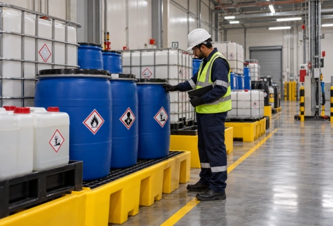 Close-up of sealed hazardous waste drum with hazard label, secure lid clamp, and spill containment tray
