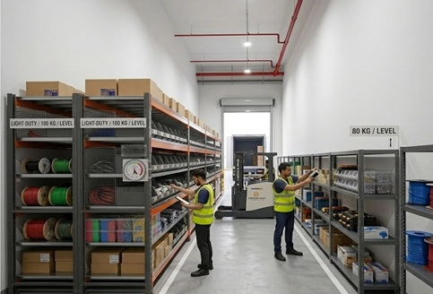 Medium duty racking system for organised warehouse logistics and inventory in UAE