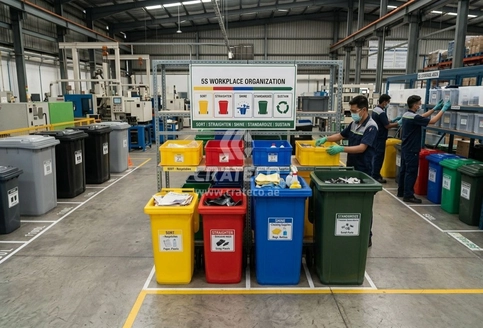 5S workplace organisation system using plastic bins for UAE warehouse efficiency by Crateco
