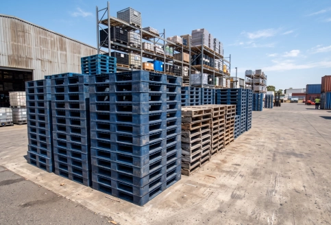 UV-resistant plastic pallets stored outdoors in a UAE warehouse yard.