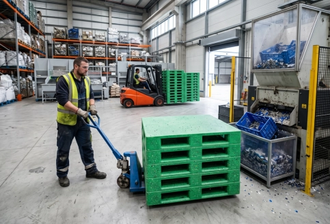 Recyclable plastic pallets and crates supporting circular economy logistics in UAE.