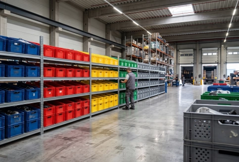 Color-coded plastic crates organised by category in a UAE warehouse to improve inventory control and picking accuracy.