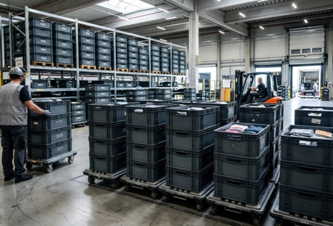 Standardized plastic containers stacked for reverse logistics returns in a UAE distribution centre.