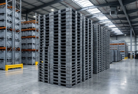 Safely stacked plastic crates and pallets maximising vertical storage space in a UAE warehouse.