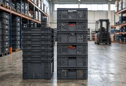 Stackable and nestable plastic crates arranged for FIFO inventory rotation in a UAE warehouse.
