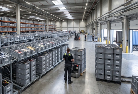 Reusable plastic crates replacing cardboard and stretch wrap in a UAE packing and distribution facility.