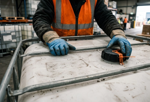 UN-certified plastic drums and jerry cans marked with UN codes in a UAE hazardous goods storage area