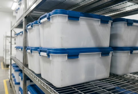 Stacked plastic Halal storage containers in a UAE warehouse used for segregated food handling and transport
