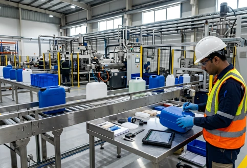UAE plastic manufacturing facility with finished products undergoing MOIAT safety testing and ECAS conformity checks