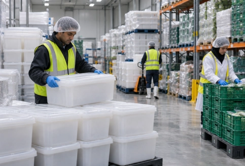Halal-compliant plastic storage containers for food supply chain handling in UAE warehouse