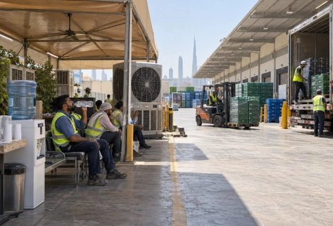 Warehouse workers using shaded cooling station to prevent heat stress at UAE outdoor facility